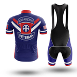 The Chief Short Sleeve Cycling Set features “82nd Airborne,” “Veteran,” and U.S. flag patches on a blue, red, and white design. This customizable cycling gear is perfect for proud Airborne Veterans. Back view shown.