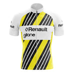 The Renault Gitane Yellow Retro Short Sleeve Cycling Set features white sleeves, diagonal black and yellow stripes, and a chest design with the Renault logo and "Renault" and "gitane" text for classic vintage style.
