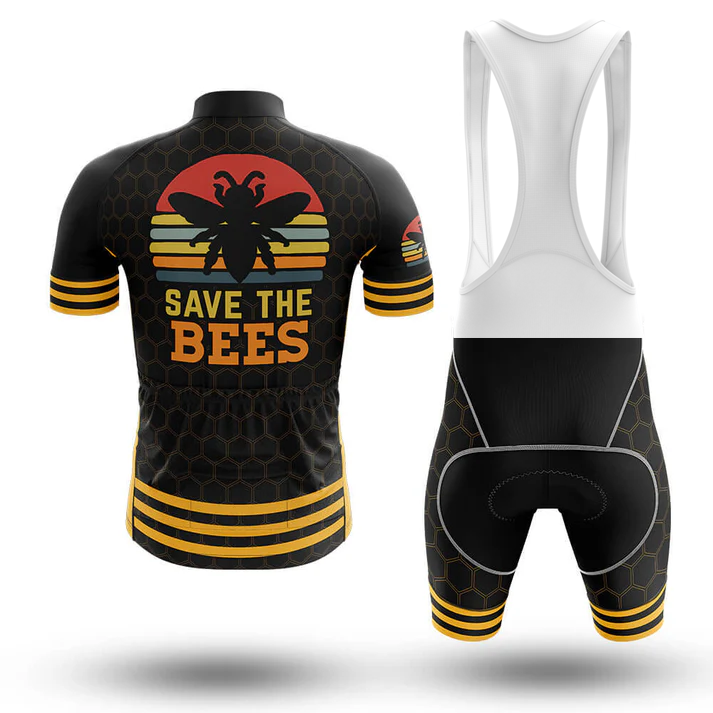 The U.S.Army V2 Men Short Sleeve Cycling Set features a black and yellow honeycomb pattern with a bold bee silhouette, red sun, and SAVE THE BEES text on the back for standout style.