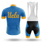 A USC Men short sleeve cycling set in blue and gold, inspired by the Chicago flag, features a jersey with "Ucla" cursive on the back and matching bib shorts with black and gold accents, shown from the back.