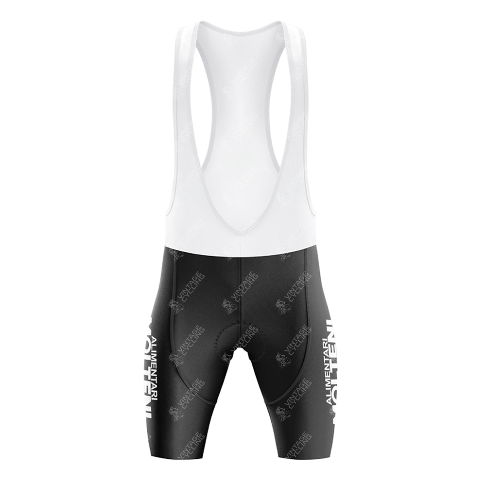 The Molteni Alimentari Retro Cycling Jersey Set includes cycling bib shorts with a white upper, black lower half, and branded white leg text. The gel seat pad ensures comfort, making them ideal companions to the retro jersey.