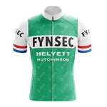 The FYNSEC Retro Short Sleeve Cycling Set includes a green jersey with a front zipper, short sleeves, FYNSEC on the chest, and HELYETT and HUTCHINSON below. Red, white, and blue stripes adorn the sleeves for a vintage-inspired look perfect for any cyclist.