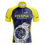 The FESTINA Retro Short Sleeve Cycling Set features a yellow and blue jersey with a large watch graphic and Festina Watches on the front and sleeves. Ride stylishly; check our sizing guide for the ideal fit.