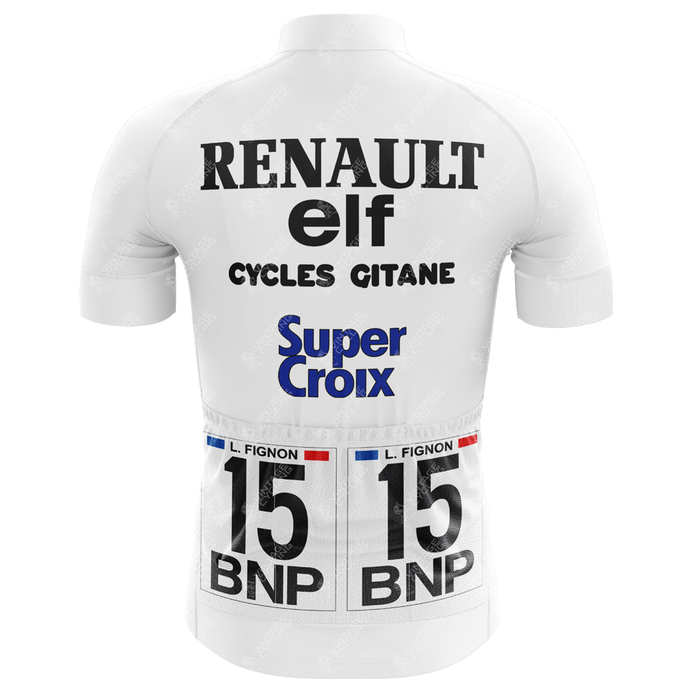 The White Elf Cycling Jersey Tour De France 1983 retro jersey showcases Renault, elf, Cycles Gitane, Super Croix, and BNP logos. It features racing numbers 15, the name L. Fignon above a French flag detail, reminiscent of a classic Tour de France style.