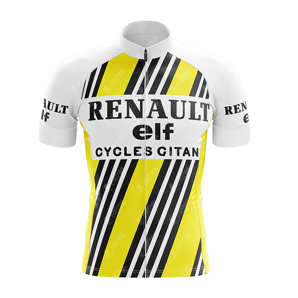The Renault Elf Gitane Retro Cycling Jersey Set features a bold black and yellow diagonal stripe pattern with white sleeves and collar, showcasing RENAULT, elf, and CYCLES GITANE logos printed in black, reminiscent of the iconic Tour de France style.