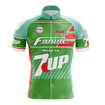 The VELDA LATINA Retro Cycling Jersey showcases green, red, and white colors with bold Fanini and 7 UP logos. Made of lightweight polyester for comfort, it features a silicone waist strip to stay securely in place during rides.