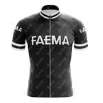 Channel a retro vibe in the FAEMA Black Retro Short Sleeve Cycling Set. This jersey, with white accents on the sleeves and collar, boldly displays FAEMA in white across the chest and shoulders and includes a full-length front zipper for easy wear.