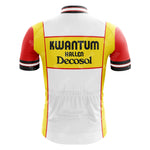 The Kwantum Hallen Decosol Retro Cycling Jersey features a vibrant white, red, and yellow design with KWANTUM HALLEN Decosol on the back. It includes black and red sleeve cuffs and collar accents, recalling classic cycling style from the Colnago era.