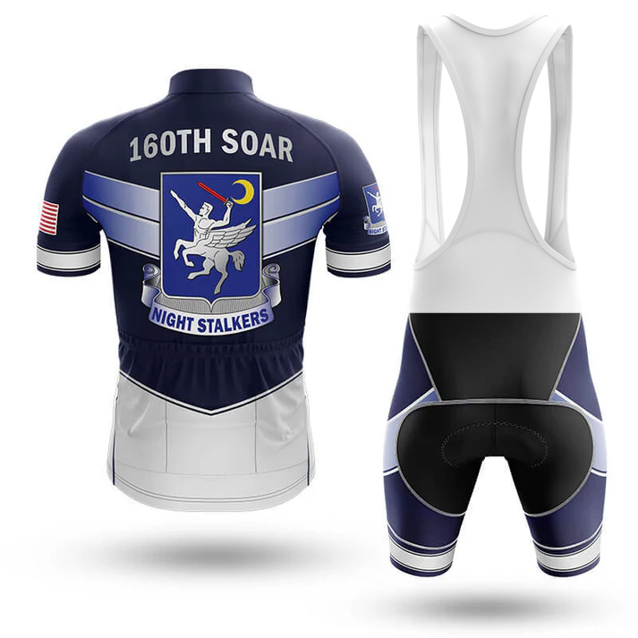 Austria Men Short Sleeve Cycling Set featuring the 160th SOAR Night Stalkers emblem, an American flag on the sleeve, and a moisture-wicking jersey; front and back views shown.