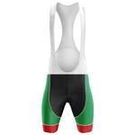 The Scotland Men Short Sleeve Cycling Set features cycling bib shorts with white shoulder straps, a black seat area, green legs, and red leg bands, inspired by the Chicago flag kit. The image shows the shorts from the back view.