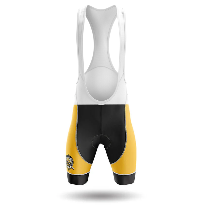 The Specialized V2 Men Short Sleeve Cycling Set features bib shorts with a white upper, black center, and yellow side panels. Inspired by the U.S. Navy Seabees, a small bee and cycling logo accents the lower left leg.