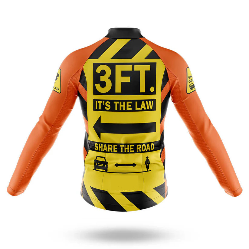 Stay visible in the Éire Men Long Sleeve Cycling Jersey, featuring bright orange sleeves, a bold yellow and black back, and “3 FT. IT’S THE LAW” text that promotes safe cycling, inspired by Ohio University cycling culture.