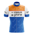 Discover the Solo Superia Red Retro Short Sleeve Cycling Set with a vibrant red and yellow striped chest, logoed white upper, and blue lower with matching sleeves. Check our sizing guide for various jersey and shorts options.