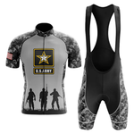 The Grandpa Short Sleeve Cycling Set features U.S. Army-inspired black and gray camo, a retro short sleeve jersey with star logo, American flag patch, soldier silhouettes, and matching bib shorts.
