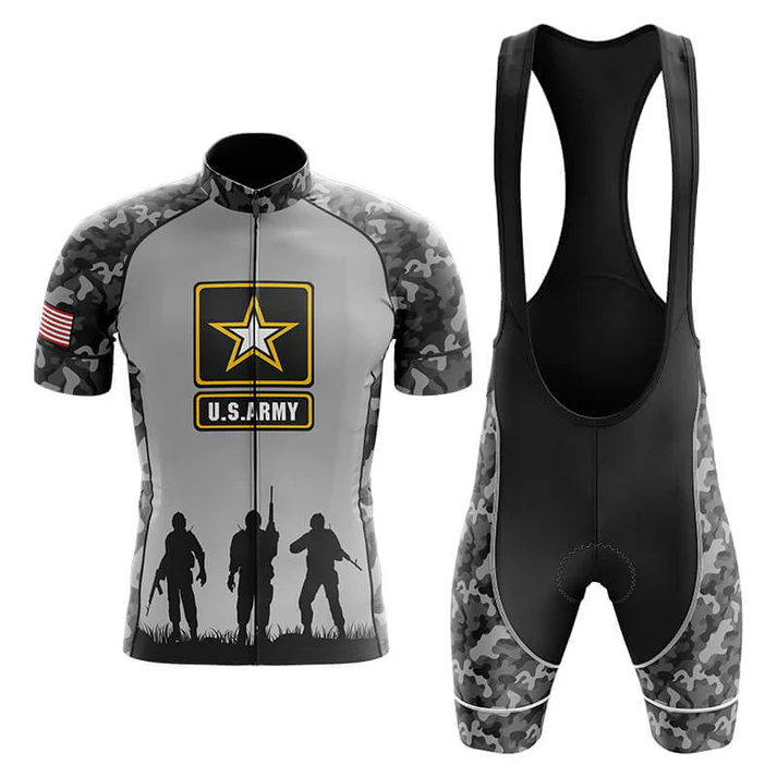 The Grandpa Short Sleeve Cycling Set features U.S. Army-inspired black and gray camo, a retro short sleeve jersey with star logo, American flag patch, soldier silhouettes, and matching bib shorts.