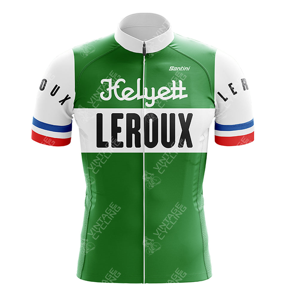 The rokado Retro Short Sleeve Cycling Set includes a green and white cycling jersey with Helyett and Leroux inscriptions, red, white, and blue striped collar and sleeves, featuring the Santini brand near the collar.