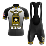 A retro short sleeve cycling set featuring a large U.S. Air Force emblem, the word VETERAN, and an American flag patch on the sleeve; this black jersey and bib shorts combo stands out with bold yellow and white accents.