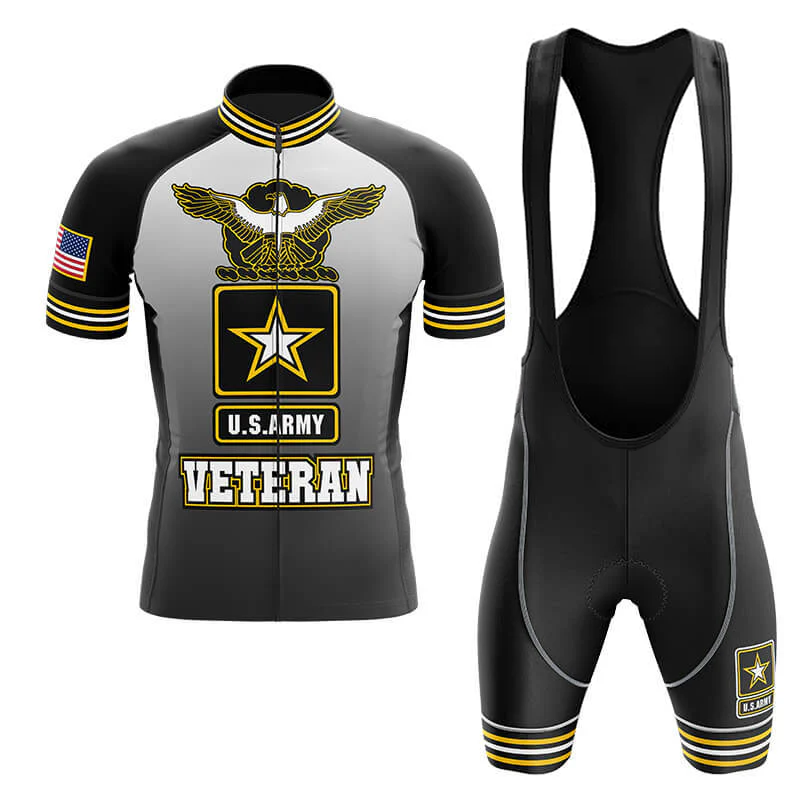 A retro short sleeve cycling set featuring a large U.S. Air Force emblem, the word VETERAN, and an American flag patch on the sleeve; this black jersey and bib shorts combo stands out with bold yellow and white accents.