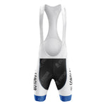 The white and black cycling bib shorts with blue trim offer a sleek, sporty look. Featuring shoulder straps and branding, they pair perfectly with the Solo Superia Red Retro Short Sleeve Cycling Set for a coordinated ensemble. Consult our sizing guide to ensure the perfect fit.