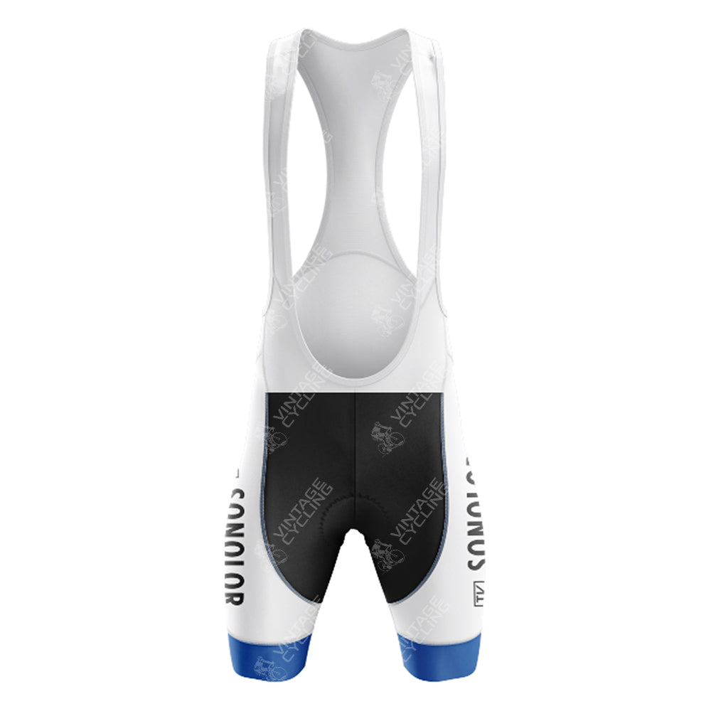 The white and black cycling bib shorts with blue trim offer a sleek, sporty look. Featuring shoulder straps and branding, they pair perfectly with the Solo Superia Red Retro Short Sleeve Cycling Set for a coordinated ensemble. Consult our sizing guide to ensure the perfect fit.