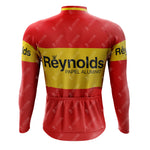 The 1980s Red Reynolds Retro Long Sleeve Cycling Set, available with a fleece option, includes a red and yellow jersey featuring Reynolds and Papel Aluminio on the back and sleeves.