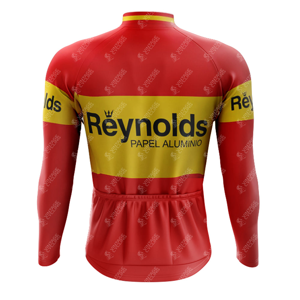The 1980s Red Reynolds Retro Long Sleeve Cycling Set, available with a fleece option, includes a red and yellow jersey featuring Reynolds and Papel Aluminio on the back and sleeves.