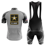 The Grandpa Short Sleeve Cycling Set includes a gray camouflage jersey with black, gray, and white camo sleeves, an American flag patch, and matching bib shorts featuring coordinated camouflage accents and black panels.