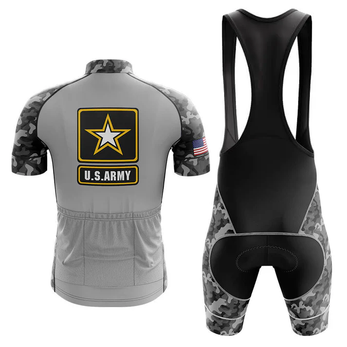 The Grandpa Short Sleeve Cycling Set includes a gray camouflage jersey with black, gray, and white camo sleeves, an American flag patch, and matching bib shorts featuring coordinated camouflage accents and black panels.