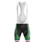 Front view of the rokado Retro Short Sleeve Cycling Sets bib shorts, featuring a vibrant green, black, and red design. Italy runs vertically with a unique blue and red hem stripe. The shoulder straps are classic white for a refined look.