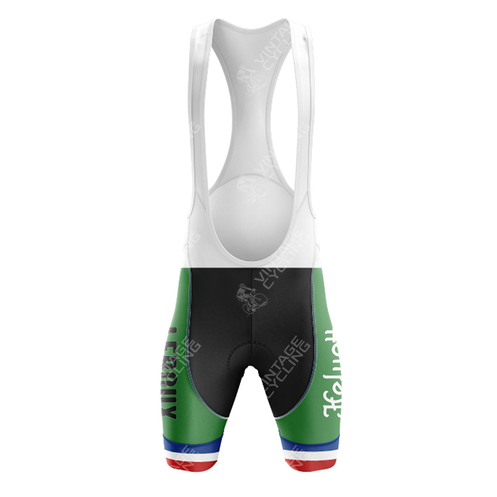 Front view of the rokado Retro Short Sleeve Cycling Sets bib shorts, featuring a vibrant green, black, and red design. Italy runs vertically with a unique blue and red hem stripe. The shoulder straps are classic white for a refined look.