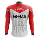 A rear view of the FAEMA Retro Long Sleeve Cycling Set shows Faema on the back. The jersey features a red and white color scheme, complemented by multi-colored stripes on the collar and cuffs.