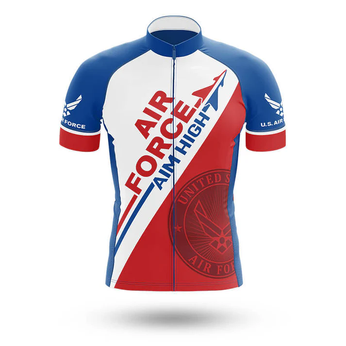 The North Carolina Men Short Sleeve Cycling Set features blue, white, and red diagonal sections with AIR FORCE AIM HIGH text and emblem, plus U.S. AIR FORCE text and symbol on the sleeves for a standout look.