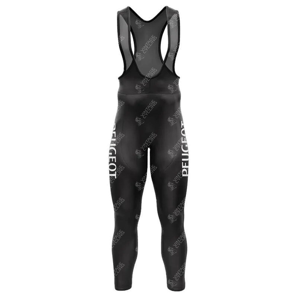 The PEUGEOT Retro Long Sleeve Cycling Set, with optional fleece, features black polyester bib tights adorned with a white Peugeot logo pattern and shoulder straps for a form-fitting silhouette. Perfect for completing your cycling set.