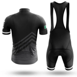 The Snail Cycling Team Men Short Sleeve Cycling Set is shown from the back on a white background, featuring a black jersey with three rear pockets and matching black bib shorts for a sleek look.
