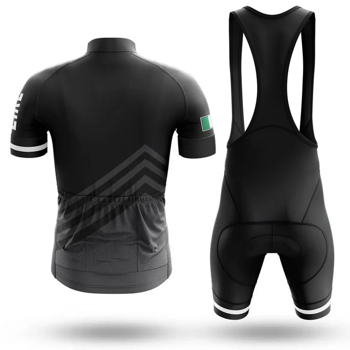 The Snail Cycling Team Men Short Sleeve Cycling Set is shown from the back on a white background, featuring a black jersey with three rear pockets and matching black bib shorts for a sleek look.