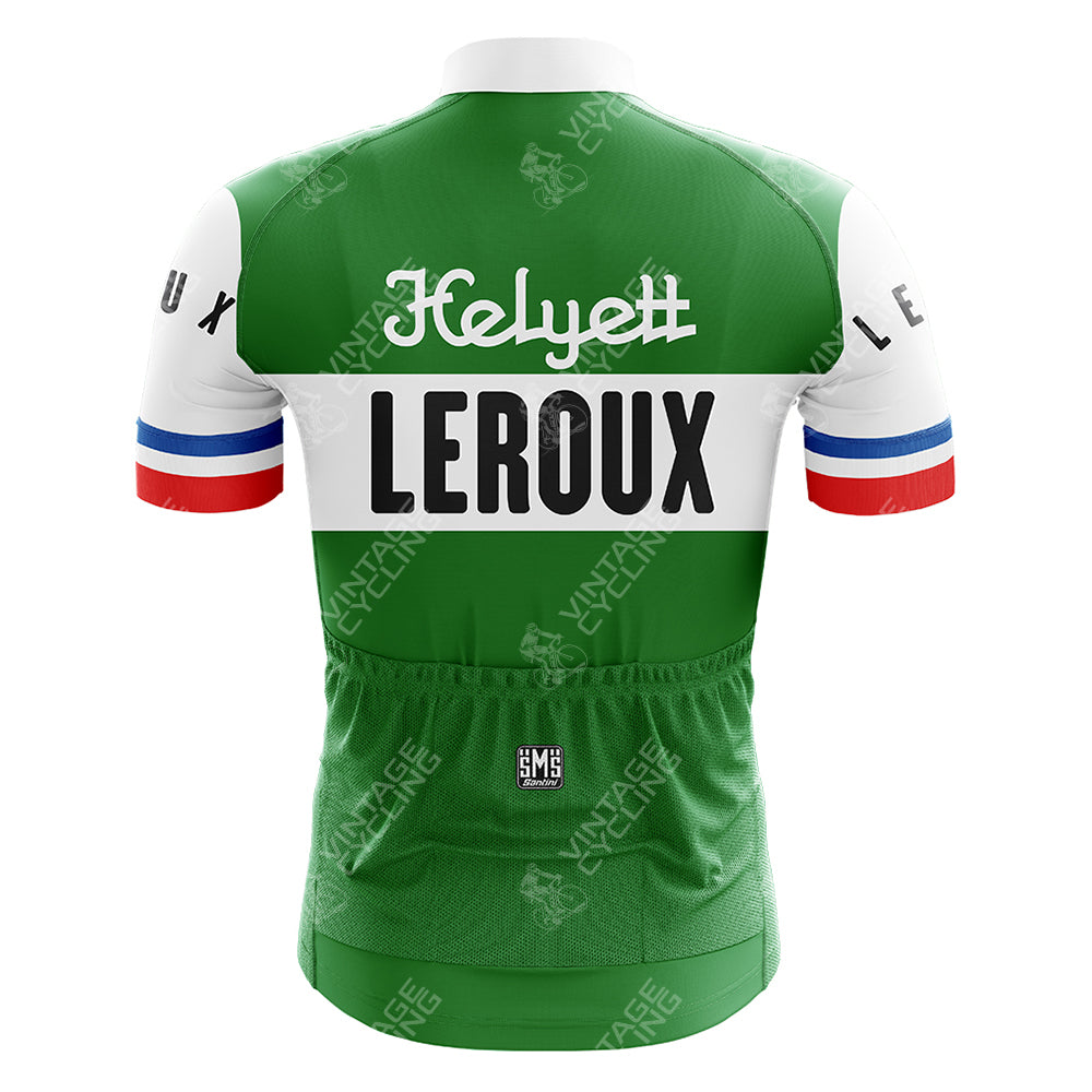 View of the green rokado Retro Short Sleeve Cycling Set, featuring a jersey with a white Helyett and Leroux stripe, red, white, and blue sleeve stripes, and multiple back pockets.