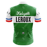 View of the green rokado Retro Short Sleeve Cycling Set, featuring a jersey with a white Helyett and Leroux stripe, red, white, and blue sleeve stripes, and multiple back pockets.