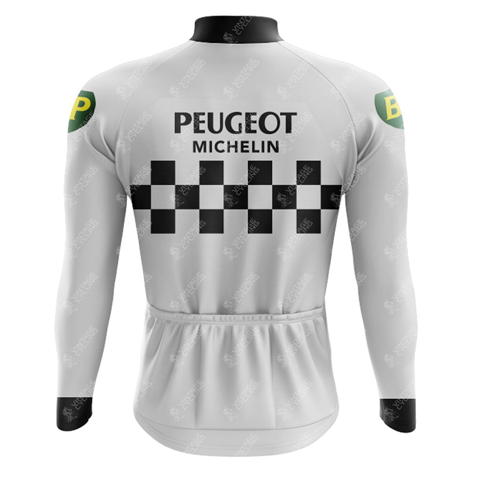 The PEUGEOT Retro Long Sleeve Cycling Set features PEUGEOT and MICHELIN on the back, above a black-and-white checkerboard design. Made from lightweight polyester, it has sleeves with the BP logo on green, and is primarily white with black trim.