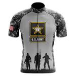 The Grandpa Short Sleeve Cycling Set is a gray camo cycling jersey with a U.S. Army logo on the chest, black soldier silhouettes at the hem, retro short sleeves, and an American flag on the left arm—ideal for any U.S. Army cycling enthusiast.