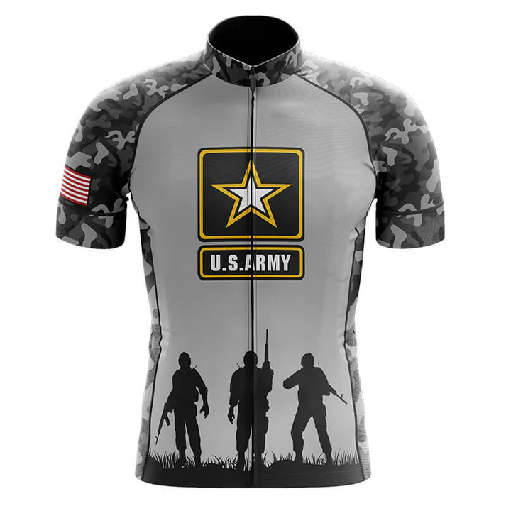 The Grandpa Short Sleeve Cycling Set is a gray camo cycling jersey with a U.S. Army logo on the chest, black soldier silhouettes at the hem, retro short sleeves, and an American flag on the left arm—ideal for any U.S. Army cycling enthusiast.