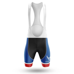 A pair of cycling bib shorts from the North Carolina Men Short Sleeve Cycling Set, featuring a white upper, blue sides, black center, red leg cuffs, and a U.S. Air Force logo on the left leg. Displayed on a plain white background.
