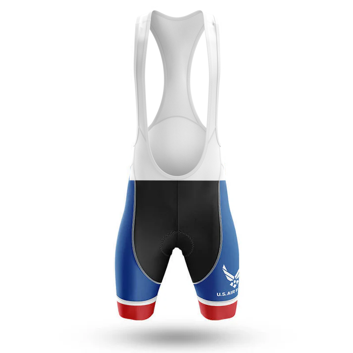 A pair of cycling bib shorts from the North Carolina Men Short Sleeve Cycling Set, featuring a white upper, blue sides, black center, red leg cuffs, and a U.S. Air Force logo on the left leg. Displayed on a plain white background.