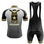 Front and back view of a customizable U.S. Air Force Veteran cycling set. The jersey features a U.S. Air Force logo, eagle, "VETERAN," and an American flag sleeve. Bib shorts are black with gray accents for a classic look.