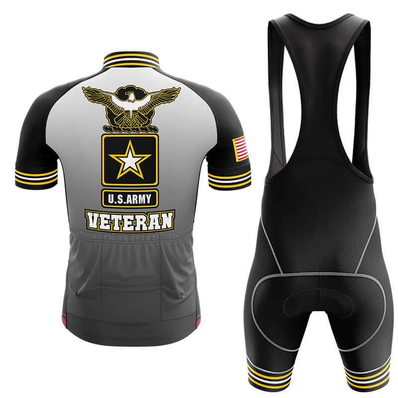 Front and back view of a customizable U.S. Air Force Veteran cycling set. The jersey features a U.S. Air Force logo, eagle, "VETERAN," and an American flag sleeve. Bib shorts are black with gray accents for a classic look.