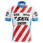 The KAS Skil Sem Retro Cycling Jersey displays diagonal red and white stripes with blue trim on the collar and sleeves. Crafted from lightweight polyester, it includes an internal silicone waist strip for a secure fit and features black and white brand logos on the front.