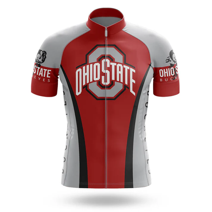 The Packers Short Sleeve Cycling Set is a retro-inspired red, gray, and white cycling jersey featuring the Ohio State logo and OHIO STATE text on the front, plus BUCKEYES on both sleeves—ideal for your customizable Ohio State cycling gear collection.