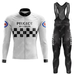 Introducing the PEUGEOT Black White Retro Long Sleeve Cycling Set, a two-piece ensemble with a white jersey featuring black checkered patterns and logos, and black bib pants. Proudly displaying Peugeot branding, its available in a fleece option for warmth on cooler rides.