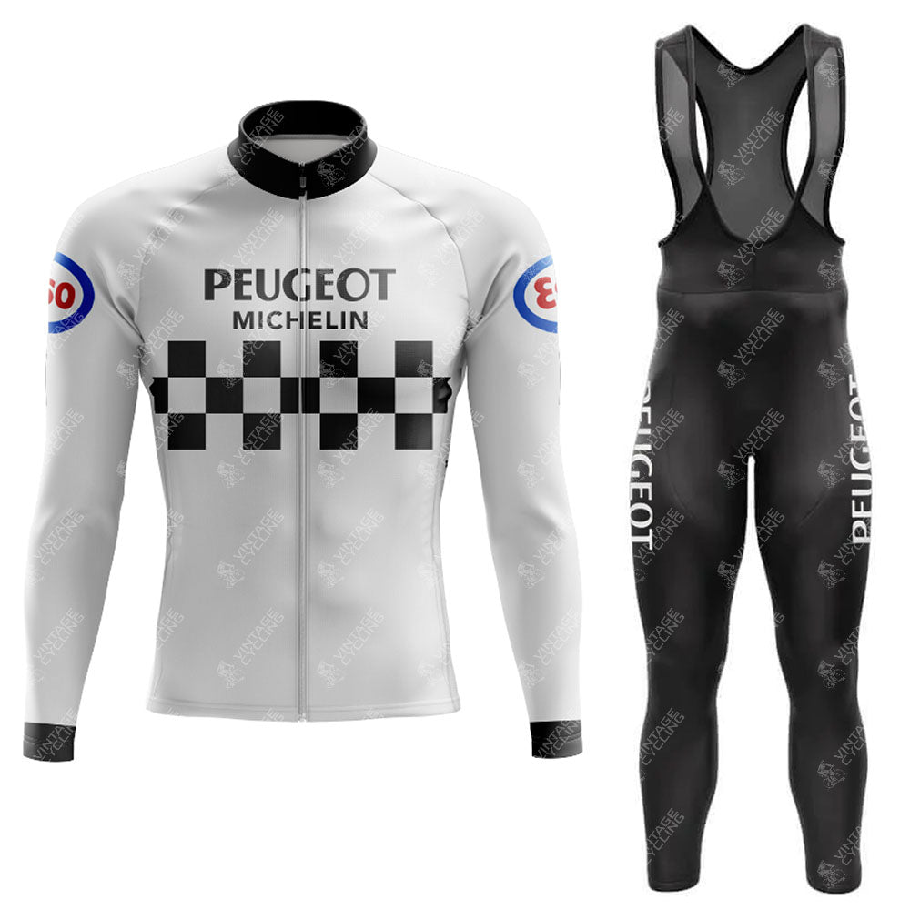 Introducing the PEUGEOT Black White Retro Long Sleeve Cycling Set, a two-piece ensemble with a white jersey featuring black checkered patterns and logos, and black bib pants. Proudly displaying Peugeot branding, its available in a fleece option for warmth on cooler rides.