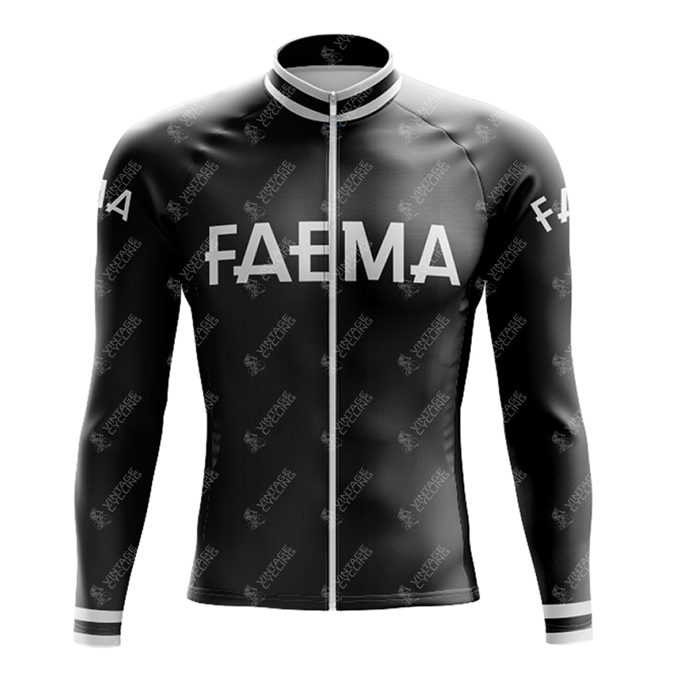 The FAEMA Black Retro Long Sleeve Cycling Set features FAEMA in bold white across the front, a full-length zipper, and white trim on the collar and cuffs.