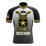 Retro short sleeve cycling set with eagle emblem, U.S. AIR FORCE text, star, and VETERAN on the front. Left sleeve displays the American flag. This U.S. Air Force Veteran cycling set comes in black, grey, and yellow.
